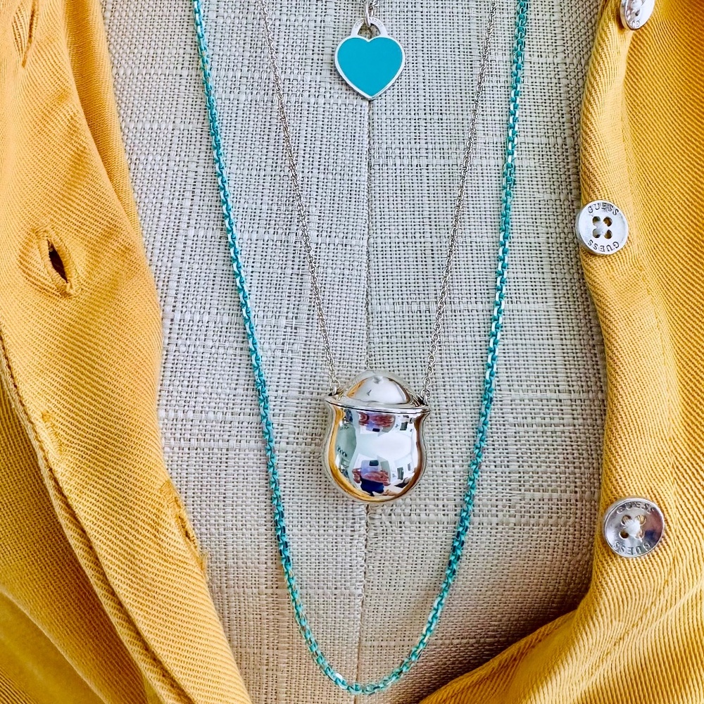 Retired Tiffany & Co. Blue Enamel and Silver Sparkler Necklace Chain 30 inch